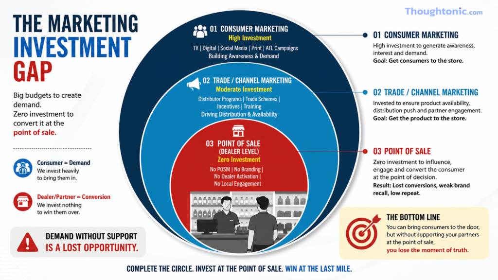 Three concentric rings diagram showing consumer marketing budget versus zero channel partner marketing investment at point of sale