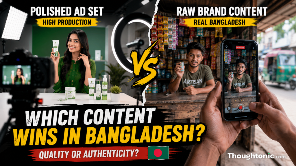 Split-screen comparison of a polished studio ad set versus a smartphone filming raw brand content in Bangladesh