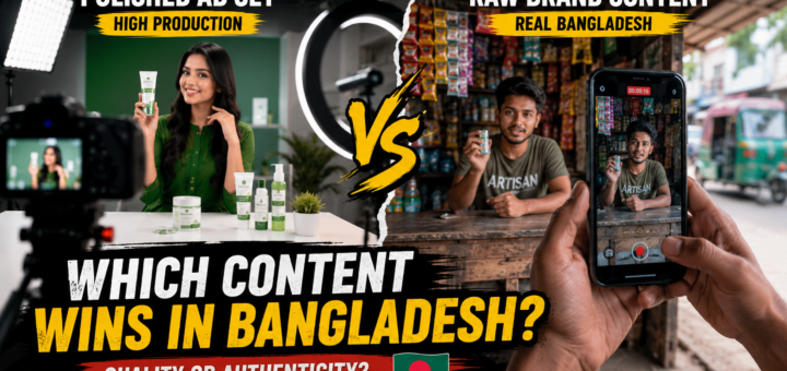 Split-screen comparison of a polished studio ad set versus a smartphone filming raw brand content in Bangladesh