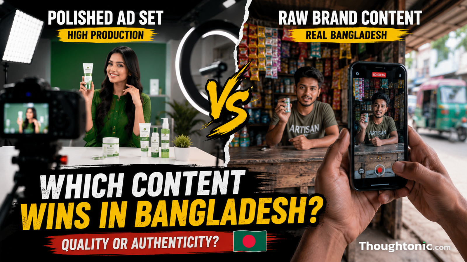 Split-screen comparison of a polished studio ad set versus a smartphone filming raw brand content in Bangladesh