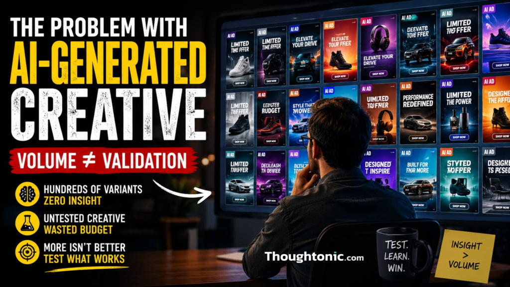 Marketing strategist reviewing a wall of AI-generated ad variants on a screen, symbolizing untested creative volume