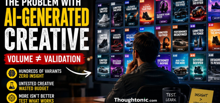 Marketing strategist reviewing a wall of AI-generated ad variants on a screen, symbolizing untested creative volume