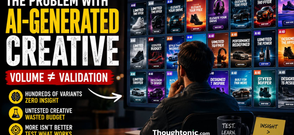 Marketing strategist reviewing a wall of AI-generated ad variants on a screen, symbolizing untested creative volume