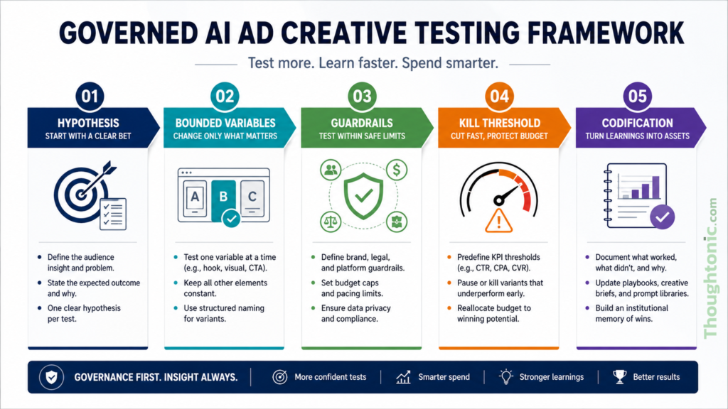 Five-step governed AI ad creative testing framework: hypothesis, bounded variables, guardrails, kill threshold, codification