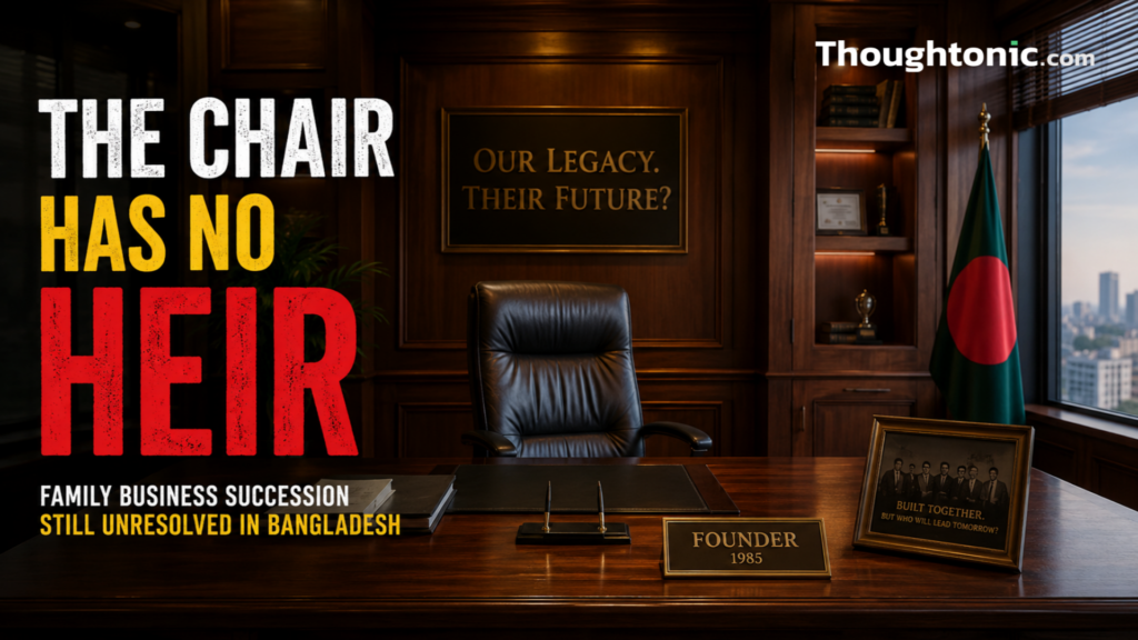 Empty wood-paneled founder's office symbolizing unresolved family business succession in Bangladesh