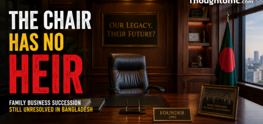 Empty wood-paneled founder's office symbolizing unresolved family business succession in Bangladesh