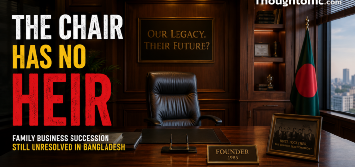 Empty wood-paneled founder's office symbolizing unresolved family business succession in Bangladesh