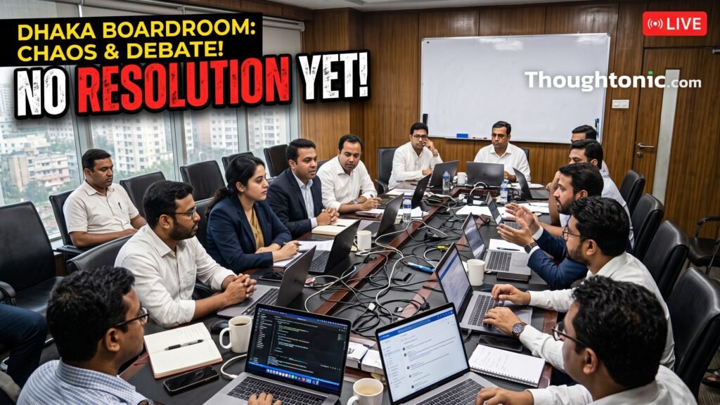 A packed Dhaka boardroom mid-meeting, chairs full, laptops open, no whiteboard decisions visible, conveying activity without resolution.