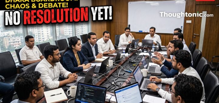 A packed Dhaka boardroom mid-meeting, chairs full, laptops open, no whiteboard decisions visible, conveying activity without resolution.