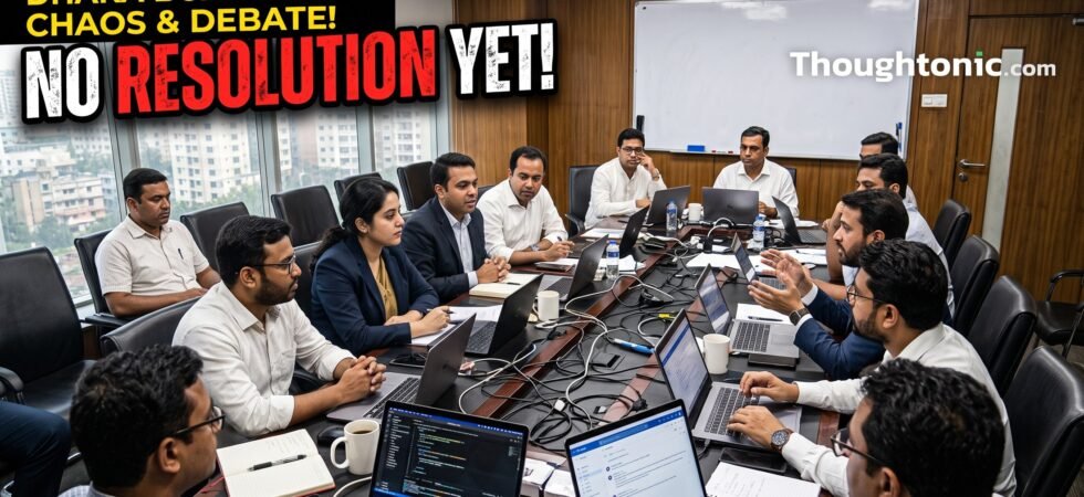 A packed Dhaka boardroom mid-meeting, chairs full, laptops open, no whiteboard decisions visible, conveying activity without resolution.