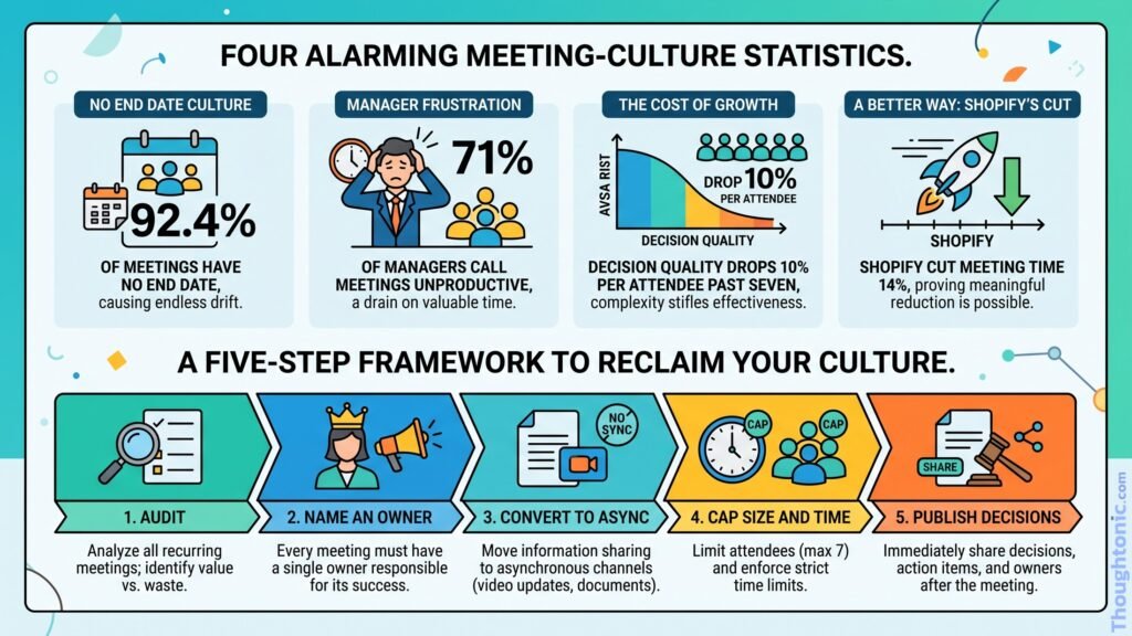 Infographic showing four meeting-culture statistics, 92.4% of meetings have no end date, 71% of managers call meetings unproductive, decision quality drops 10% per attendee past seven, and Shopify cut meeting time 14%, above a five-step framework: audit, name an owner, convert to async, cap size and time, publish decisions.