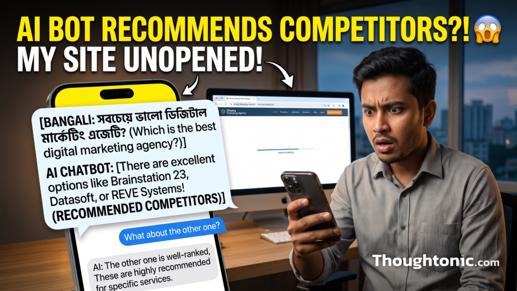 A Dhaka marketer watching a phone show a confident AI chatbot answer that recommends competitors while their own well-ranked website sits unopened in the background.