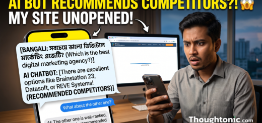 A Dhaka marketer watching a phone show a confident AI chatbot answer that recommends competitors while their own well-ranked website sits unopened in the background.