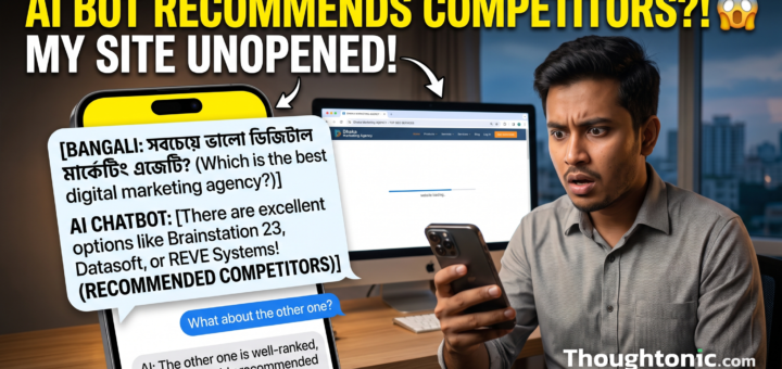A Dhaka marketer watching a phone show a confident AI chatbot answer that recommends competitors while their own well-ranked website sits unopened in the background.