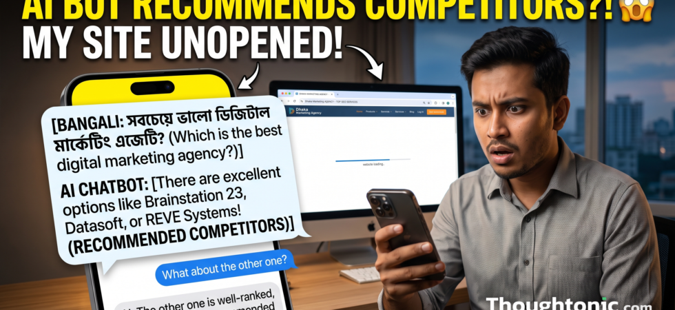 A Dhaka marketer watching a phone show a confident AI chatbot answer that recommends competitors while their own well-ranked website sits unopened in the background.