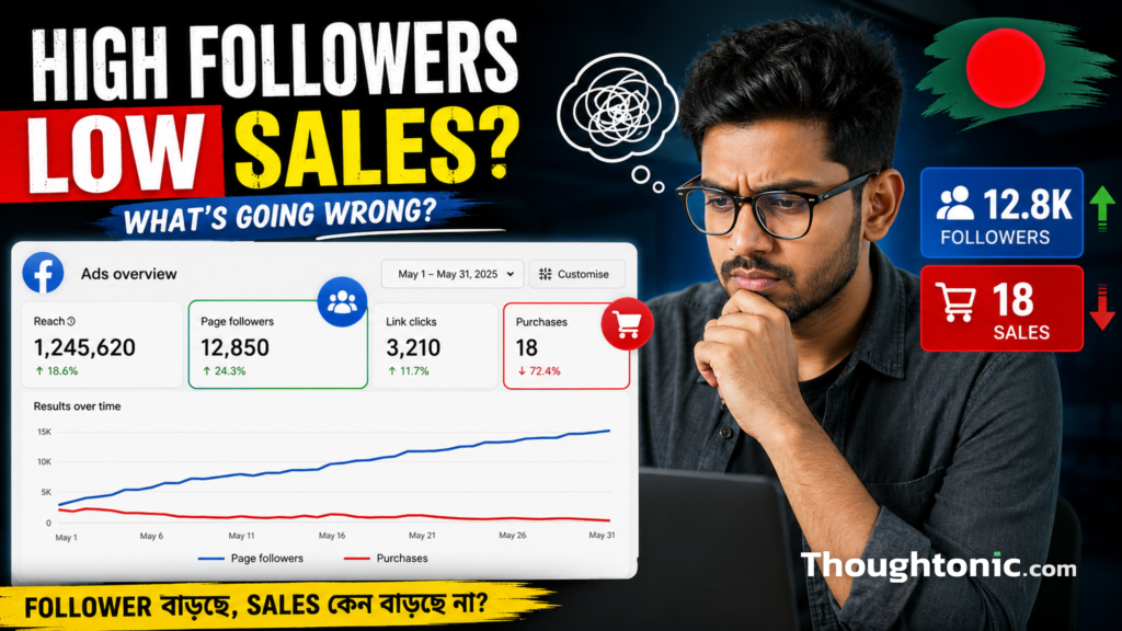 Bangladeshi marketer reviewing a Facebook ads dashboard showing high follower count against low sales conversion