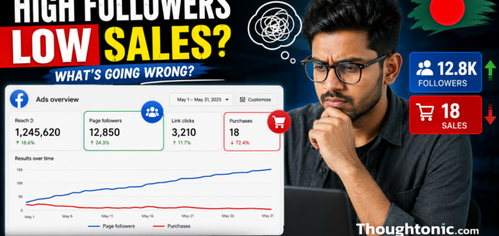 Bangladeshi marketer reviewing a Facebook ads dashboard showing high follower count against low sales conversion