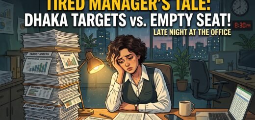 A tired manager at a Dhaka office desk between a stack of target sheets and an empty team seat, lit by a late-evening desk lamp.