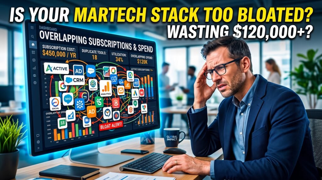 Marketing leader reviewing a cluttered dashboard of overlapping software subscriptions, symbolizing martech stack bloat