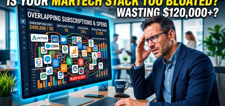 Marketing leader reviewing a cluttered dashboard of overlapping software subscriptions, symbolizing martech stack bloat
