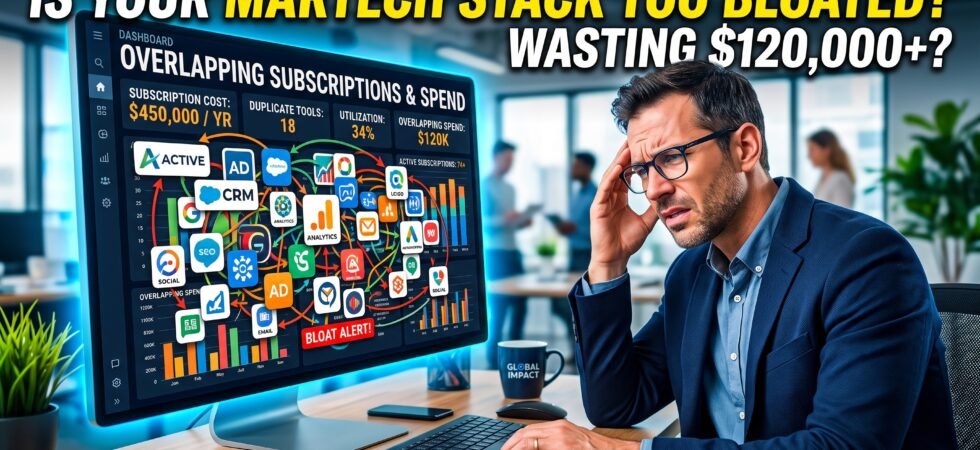 Marketing leader reviewing a cluttered dashboard of overlapping software subscriptions, symbolizing martech stack bloat