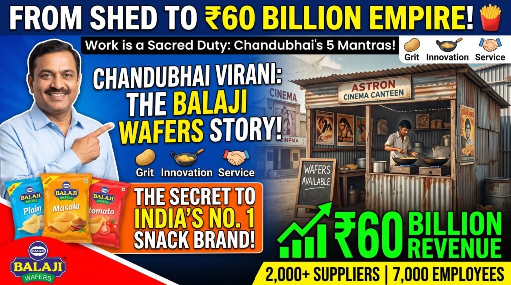 Chandubhai Virani portrait beside Balaji Wafers potato chip packets and the original cinema canteen shed background