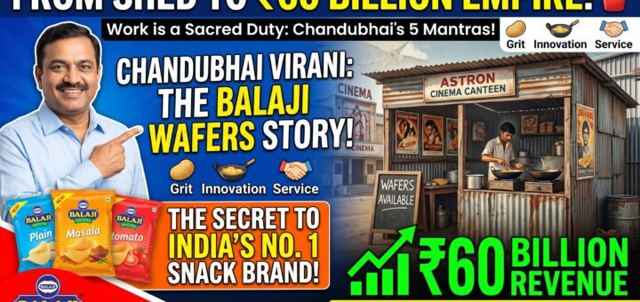 Chandubhai Virani portrait beside Balaji Wafers potato chip packets and the original cinema canteen shed background