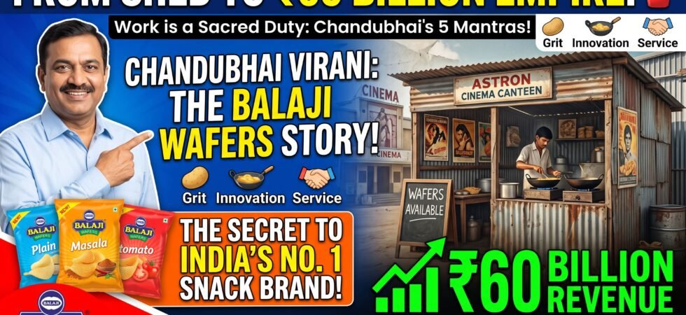 Chandubhai Virani portrait beside Balaji Wafers potato chip packets and the original cinema canteen shed background