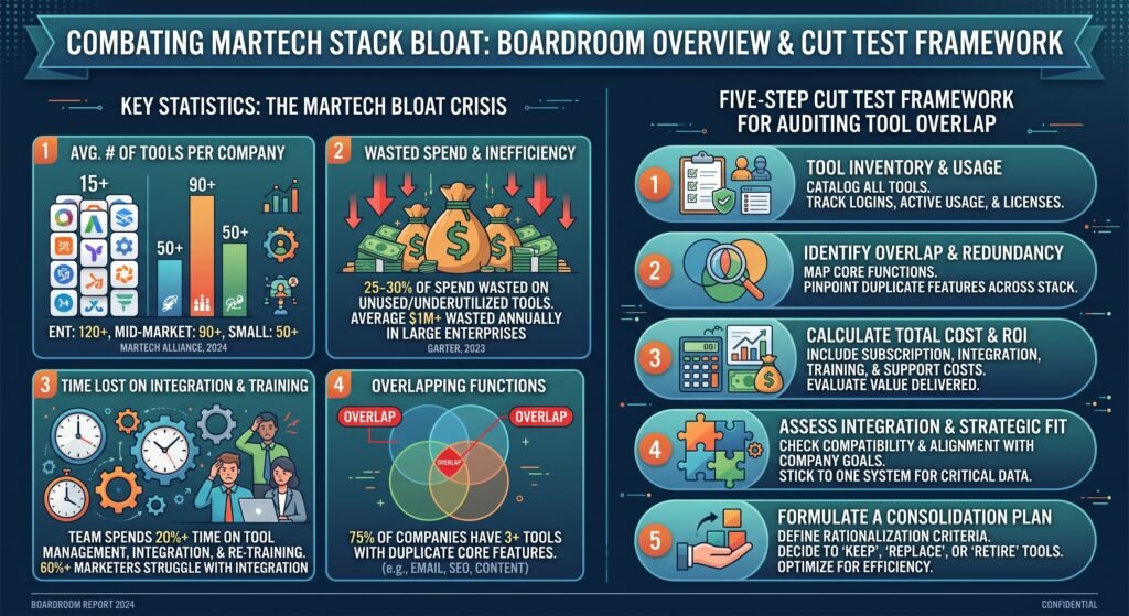 Boardroom infographic showing key statistics on marketing technology stack bloat and a five-step cut test framework for auditing tool overlap
