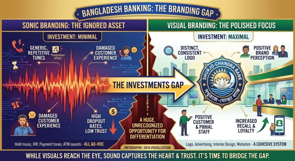 Boardroom infographic titled "The Sound Nobody's Designing" showing Bangladesh mobile and MFS transaction volumes, sonic logo recognition-accuracy data from the SoundOut Index, a five-step sonic branding framework (Audit, Define, Compose, Deploy, Govern), and a note on the unclaimed sonic branding territory in Bangladesh