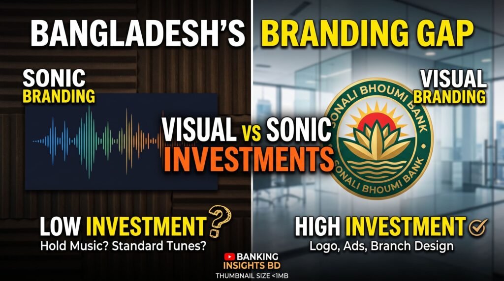Split-screen image of a bank hold-music waveform on one side and a polished logo on the other, symbolizing the gap between visual and sonic branding investment in Bangladesh