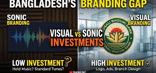 Split-screen image of a bank hold-music waveform on one side and a polished logo on the other, symbolizing the gap between visual and sonic branding investment in Bangladesh