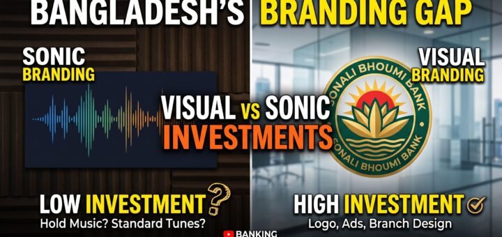Split-screen image of a bank hold-music waveform on one side and a polished logo on the other, symbolizing the gap between visual and sonic branding investment in Bangladesh