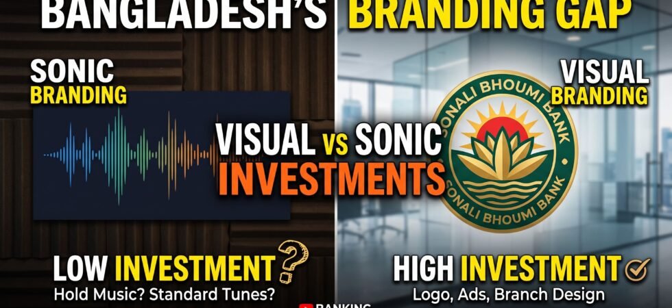 Split-screen image of a bank hold-music waveform on one side and a polished logo on the other, symbolizing the gap between visual and sonic branding investment in Bangladesh