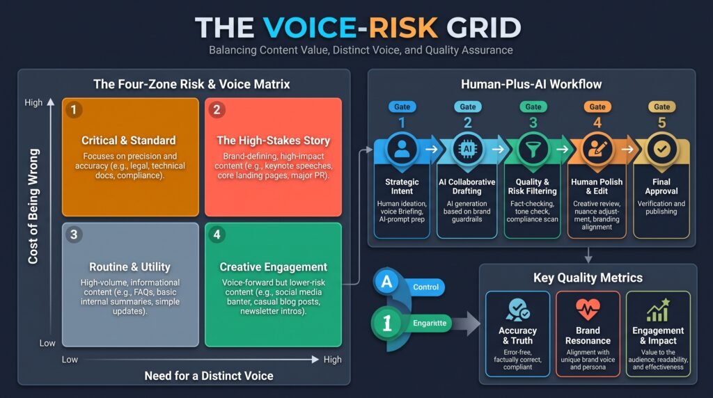 Infographic titled The Voice-Risk Grid: a four-zone chart sorting content by cost of being wrong and need for a distinct voice, with a five-gate human-plus-AI workflow and three quality metrics.