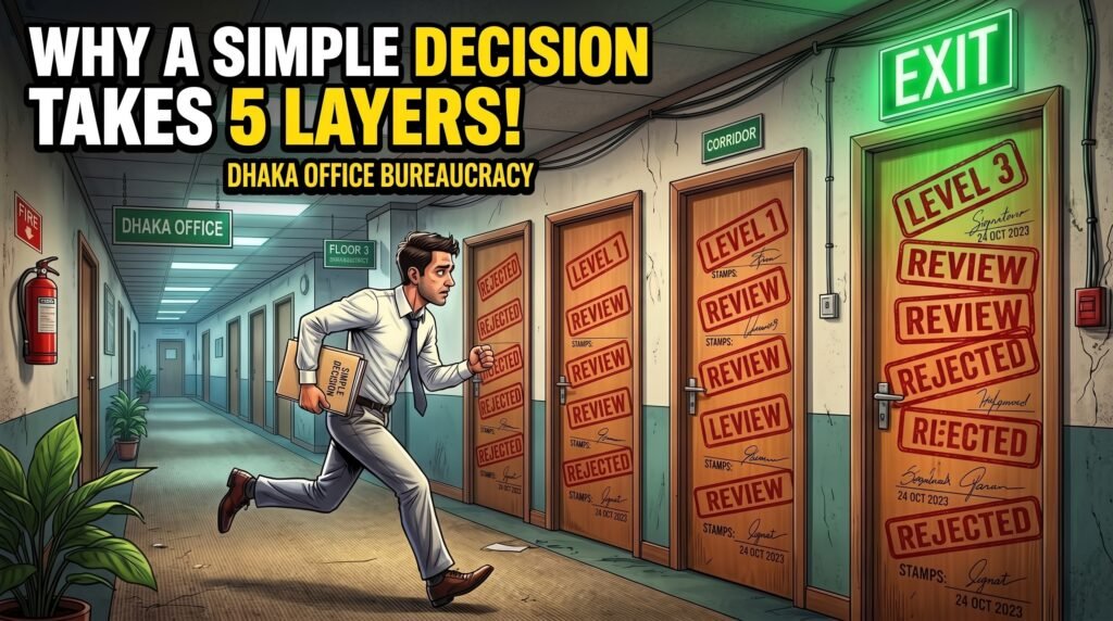 A Dhaka office corridor with five doors in a row, each marked with a signature stamp, and a single glowing exit at the end, illustrating approval layers slowing a simple decision.
