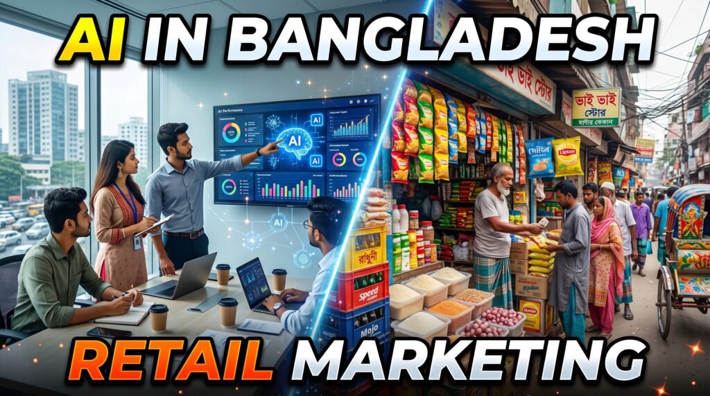 A Dhaka marketing team reviewing an AI performance dashboard next to a photo of a neighbourhood retail outlet, illustrating AI in marketing results in Bangladesh.