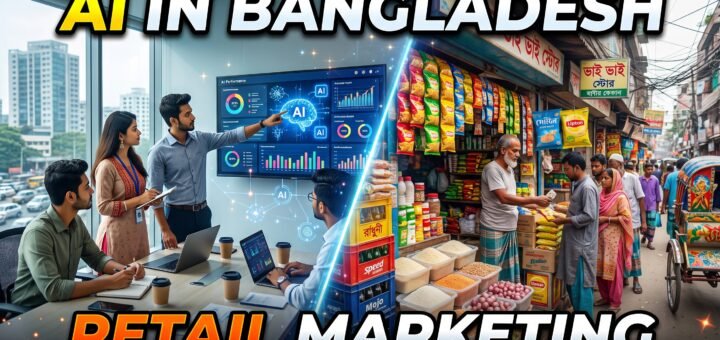 A Dhaka marketing team reviewing an AI performance dashboard next to a photo of a neighbourhood retail outlet, illustrating AI in marketing results in Bangladesh.