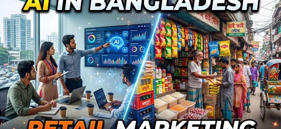 A Dhaka marketing team reviewing an AI performance dashboard next to a photo of a neighbourhood retail outlet, illustrating AI in marketing results in Bangladesh.