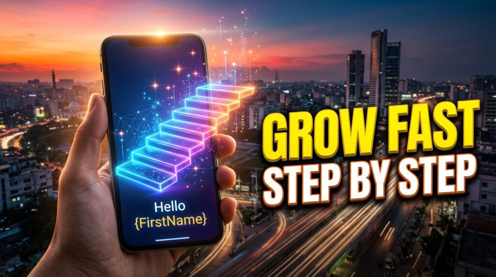 Dhaka skyline at dusk behind a smartphone showing a generic “Hello {FirstName}” message that fans out into five rising steps.