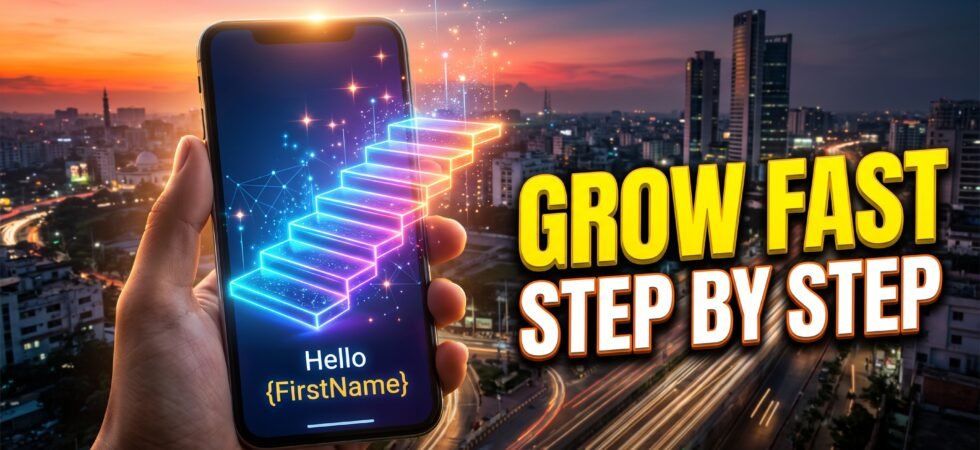 Dhaka skyline at dusk behind a smartphone showing a generic “Hello {FirstName}” message that fans out into five rising steps.