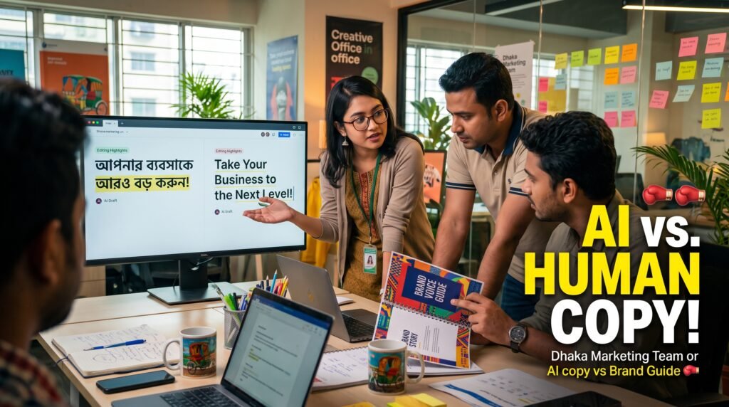 A Dhaka marketing team reviewing AI-drafted copy against a printed brand voice guide on a shared screen, with Bangla and English headlines side by side.