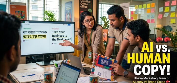 A Dhaka marketing team reviewing AI-drafted copy against a printed brand voice guide on a shared screen, with Bangla and English headlines side by side.