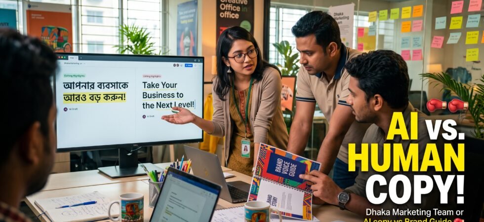 A Dhaka marketing team reviewing AI-drafted copy against a printed brand voice guide on a shared screen, with Bangla and English headlines side by side.