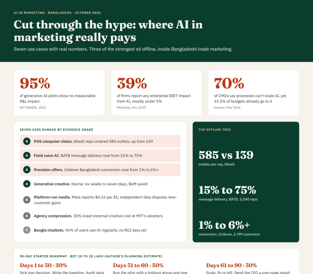 Boardroom infographic on AI in marketing in Bangladesh: 95% of AI pilots show no P&L impact, three offline wins (585 vs 139 outlets, 15% to 75% message delivery, 1% to 6%+ conversion), and a 90-day roadmap.